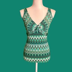 BCBGMaxAzria Green Chevron / Ikat Print Twist Front Tie-Around Sleeveless Top XS